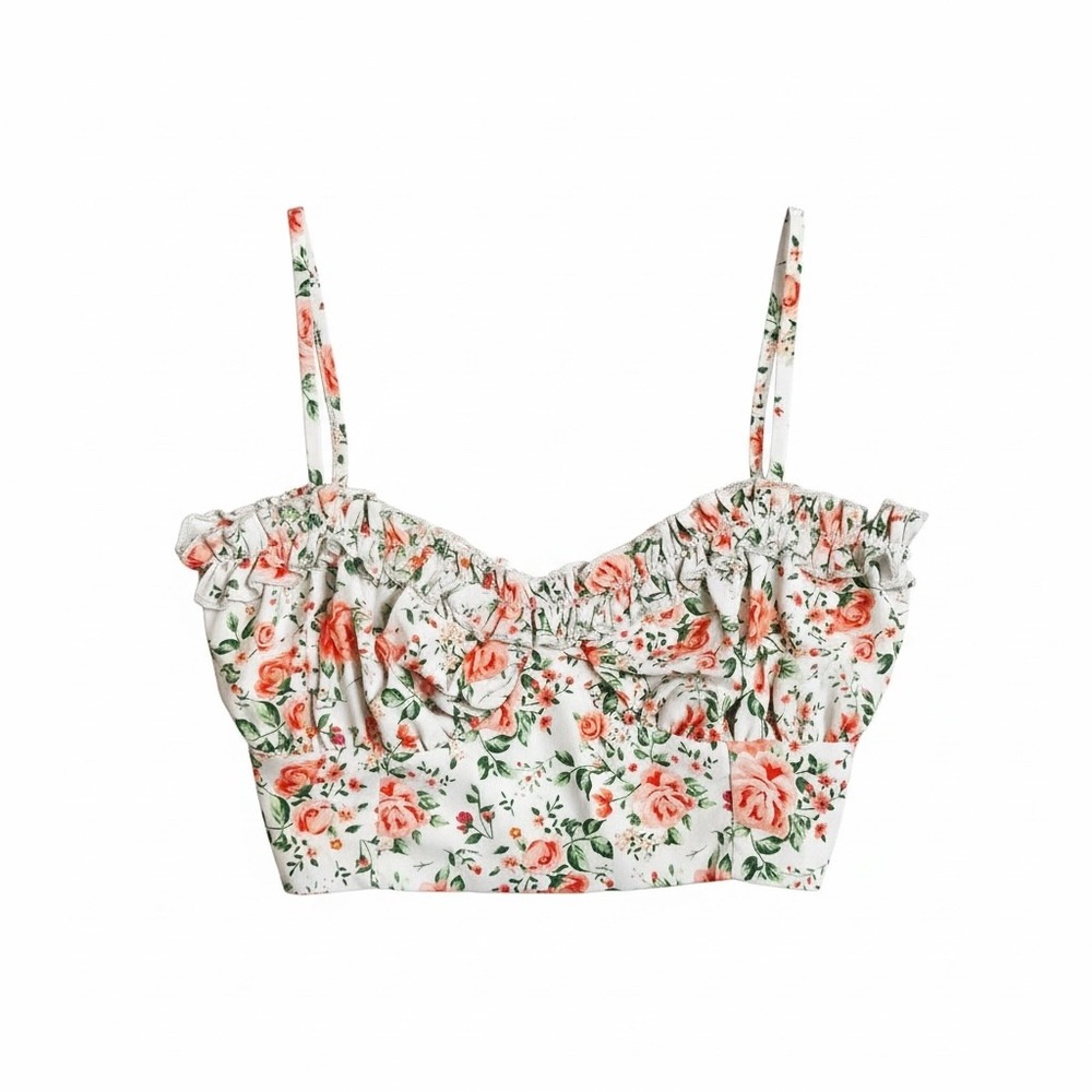 Valeur Floral Smocked Crop Top‎ White Pink Rose Ruffle Sweetheart Medium